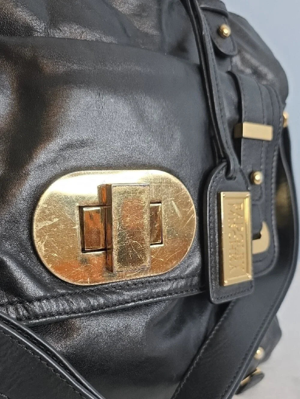 Badgley Mischka Black Leather Satchel with Gold Hardware